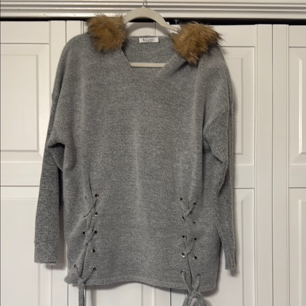 Baccini Gray V-Neck Sweater with Lace-Up Details